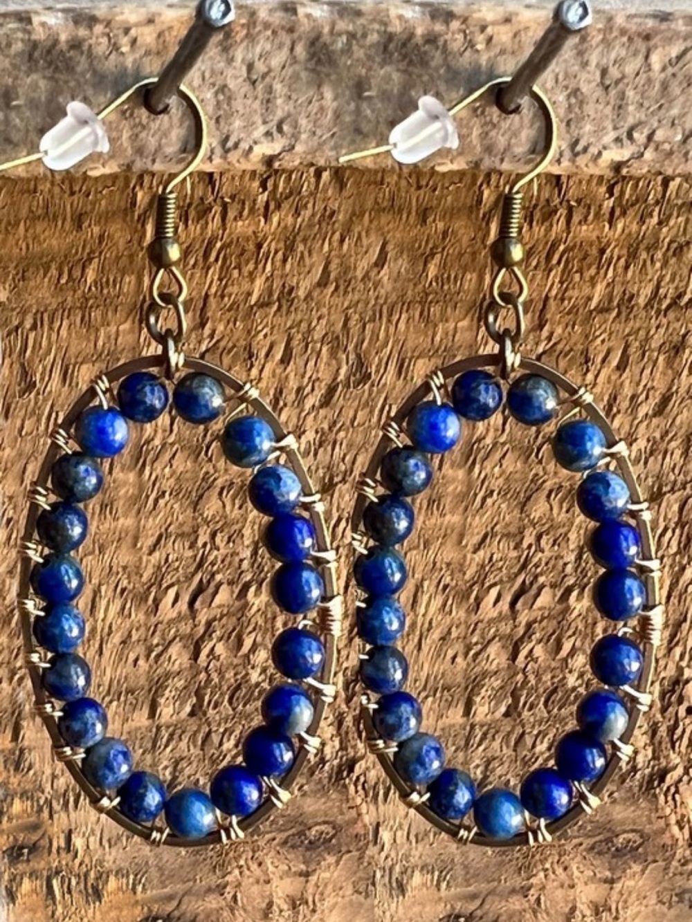 NWT Dylan Jewelry Calista Blue Brassy Tone Dangle Earrings Beaded Oval Statement